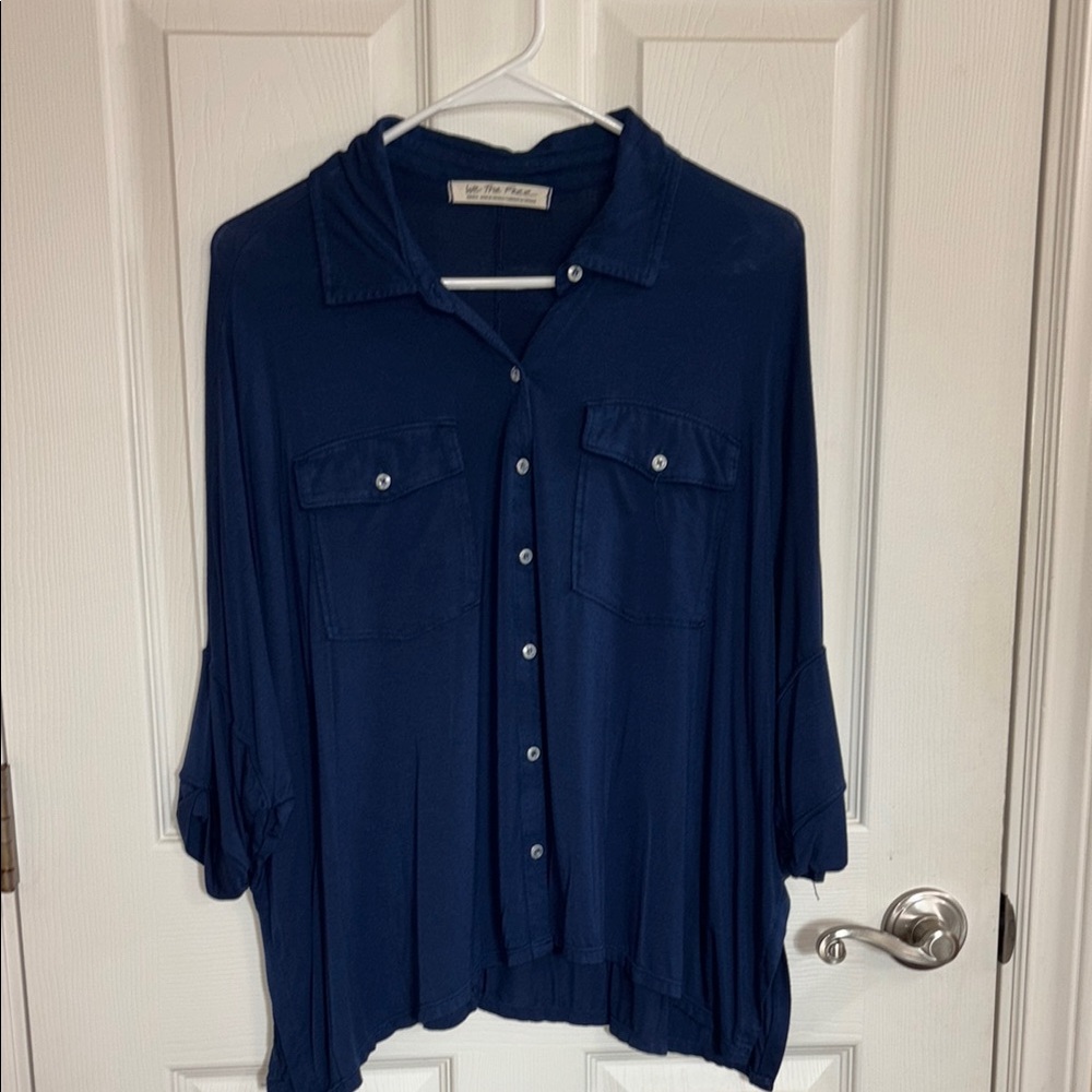 Free People Navy 3/4 Sleeve Button Down